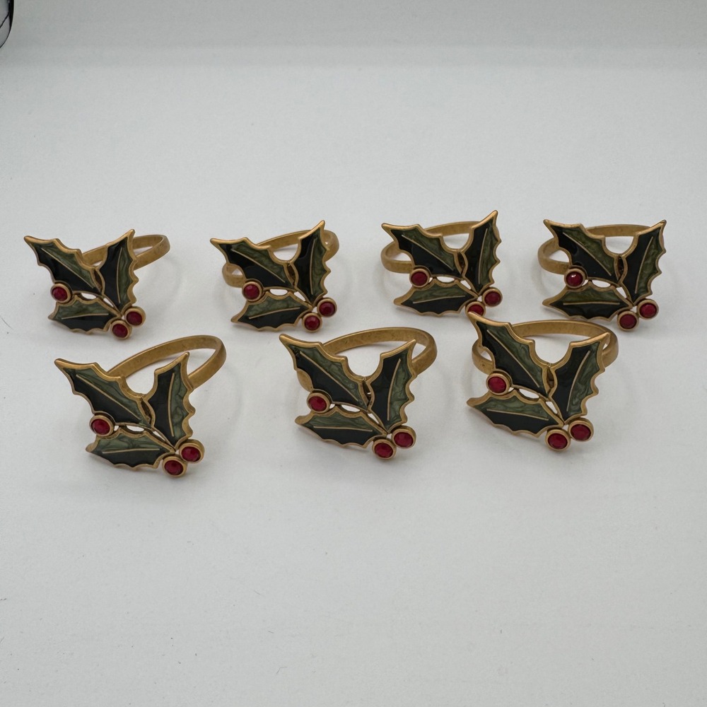 Vintage Christmas Holly Napkin Rings Set of 7 Gold Tone Enamel Red Rhinestone